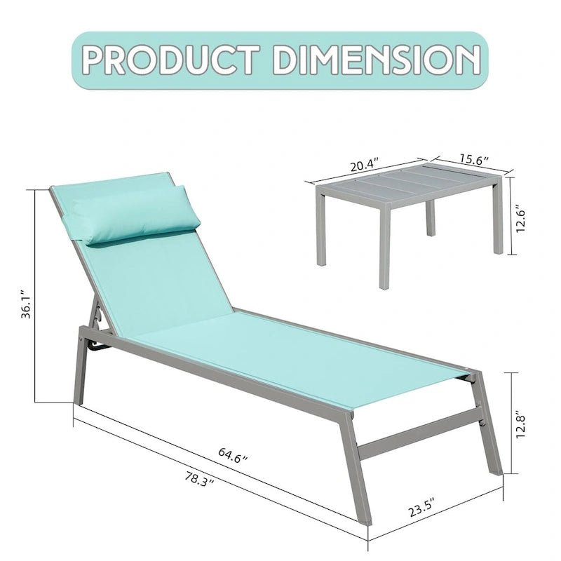 Ensemble de 3 chaises longues de patio, chaises longues de piscine en aluminium avec table d'appoint, fauteuil inclinable réglable extérieur tout temps