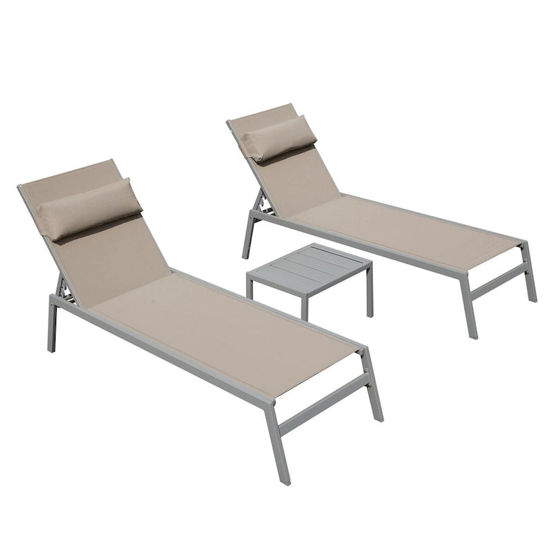 Ensemble de 3 chaises longues de patio, chaises longues de piscine en aluminium avec table d'appoint, fauteuil inclinable réglable extérieur tout temps