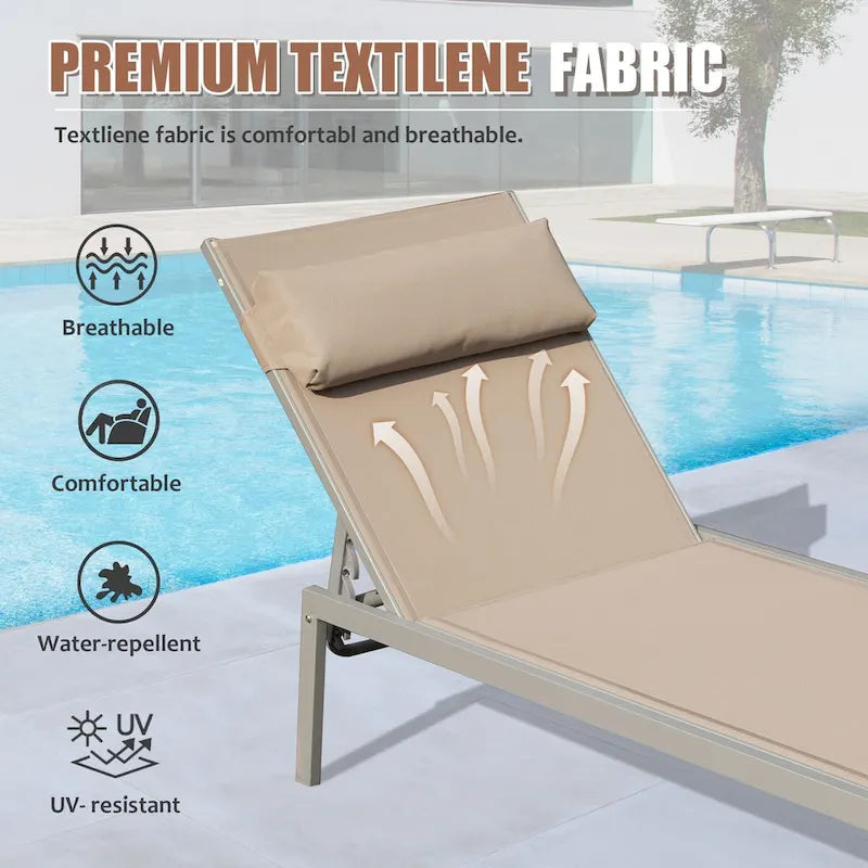 Ensemble de 3 chaises longues de patio, chaises longues de piscine en aluminium avec table d'appoint, fauteuil inclinable réglable extérieur tout temps