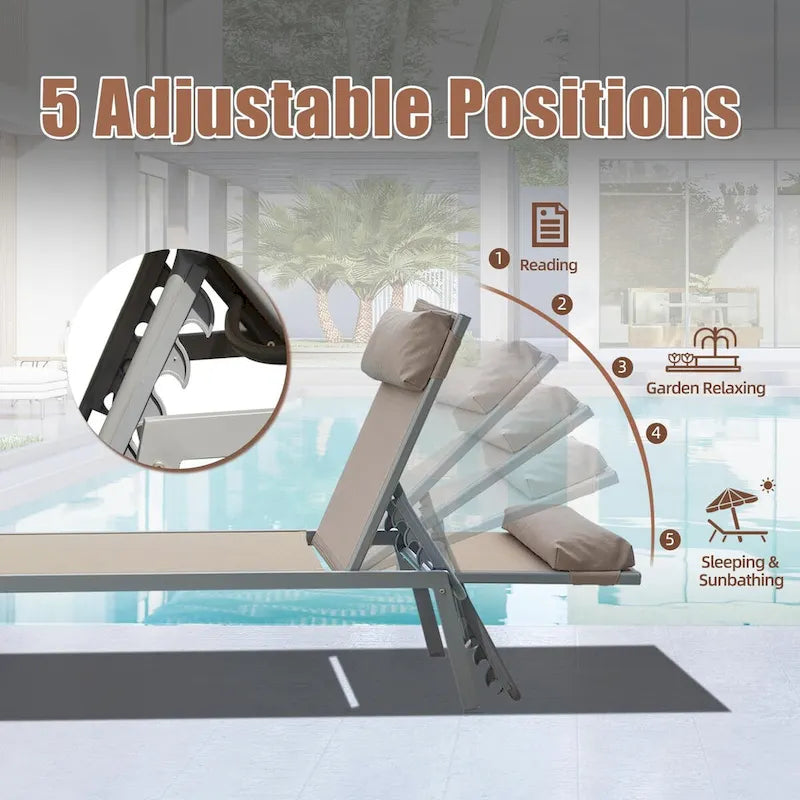 Ensemble de 3 chaises longues de patio, chaises longues de piscine en aluminium avec table d'appoint, fauteuil inclinable réglable extérieur tout temps
