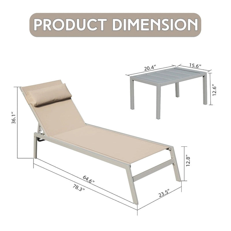 Ensemble de 3 chaises longues de patio, chaises longues de piscine en aluminium avec table d'appoint, fauteuil inclinable réglable extérieur tout temps