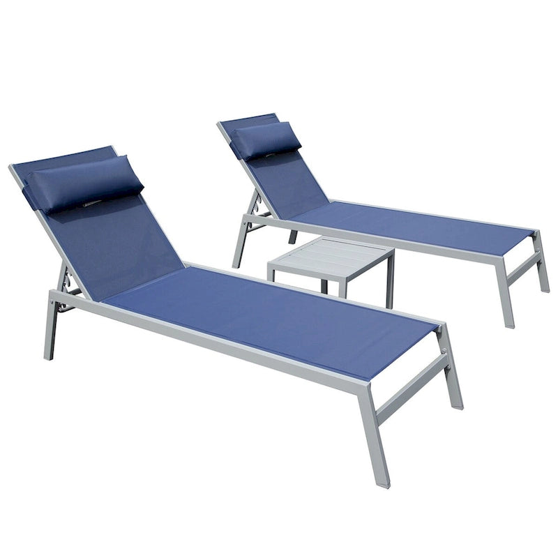 Ensemble de 3 chaises longues de patio, chaises longues de piscine en aluminium avec table d'appoint, fauteuil inclinable réglable extérieur tout temps