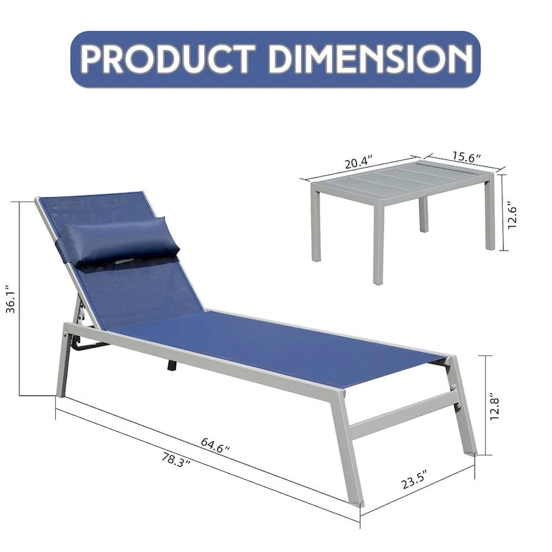 Ensemble de 3 chaises longues de patio, chaises longues de piscine en aluminium avec table d'appoint, fauteuil inclinable réglable extérieur tout temps