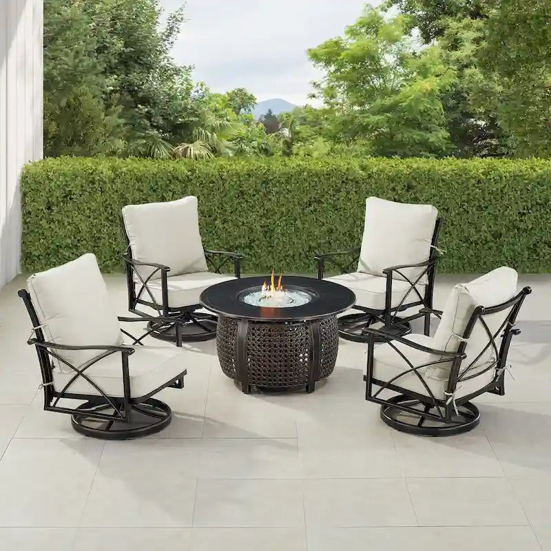 Ensemble table brasero en aluminium noir avec quatre fauteuils de club