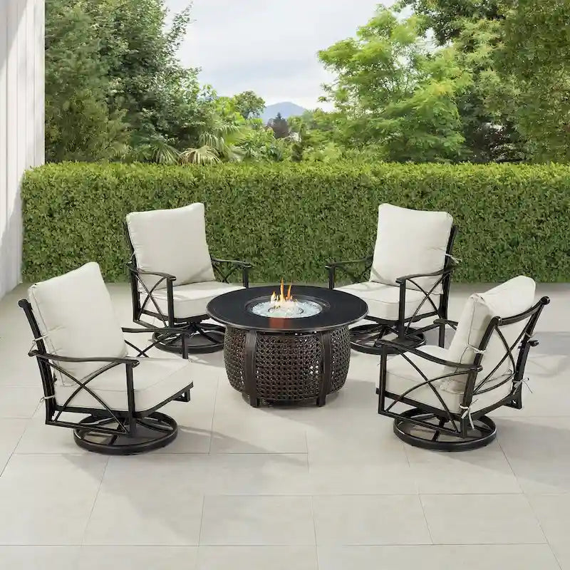 Black Aluminum Fire Table Set with Four Club Chairs