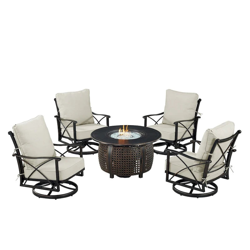 Ensemble table brasero en aluminium noir avec quatre fauteuils de club