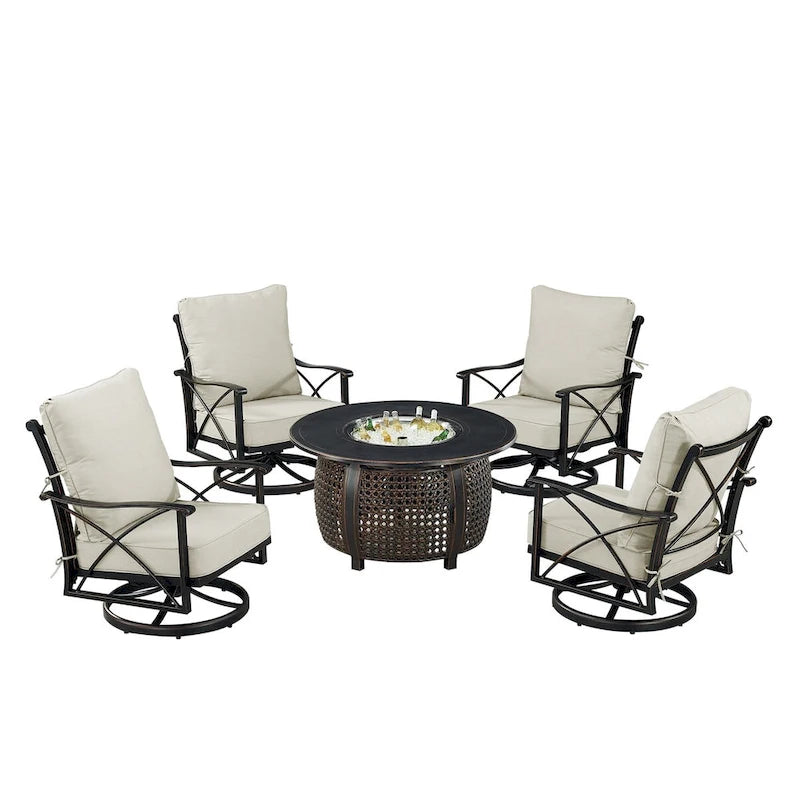 Ensemble table brasero en aluminium noir avec quatre fauteuils de club