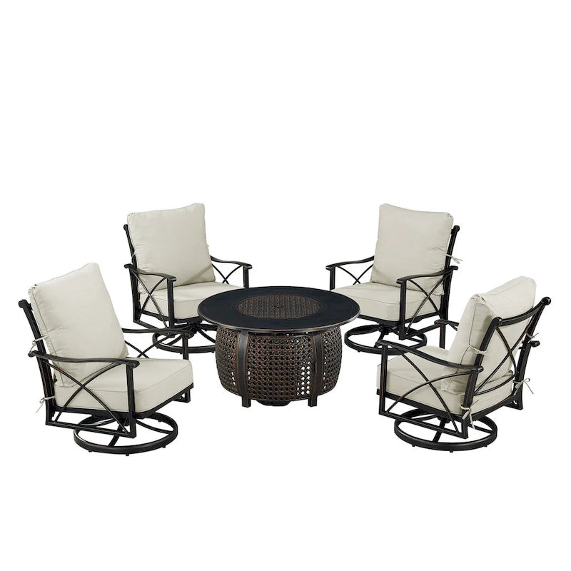 Ensemble table brasero en aluminium noir avec quatre fauteuils de club
