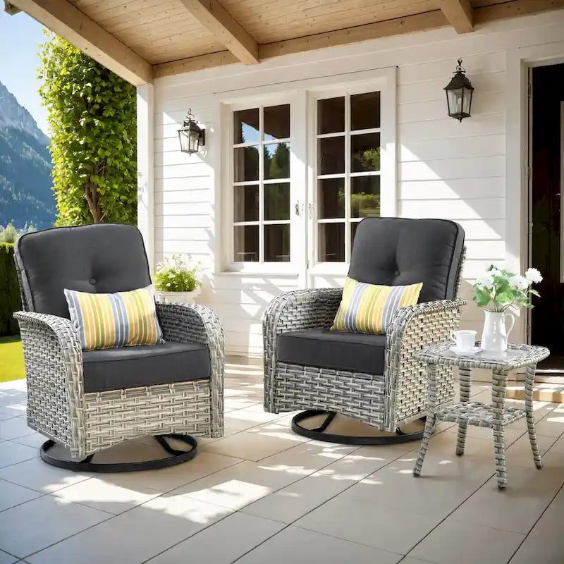 OVIOS 3-piece Swivel Rocking Wicker Chair Side Table Conversation Set