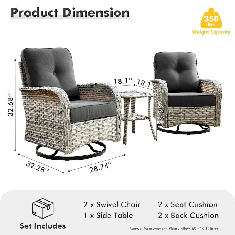 OVIOS Ensemble conversation 3 pièces avec 2 fauteuils pivotants en osier et 1 table d'appoint