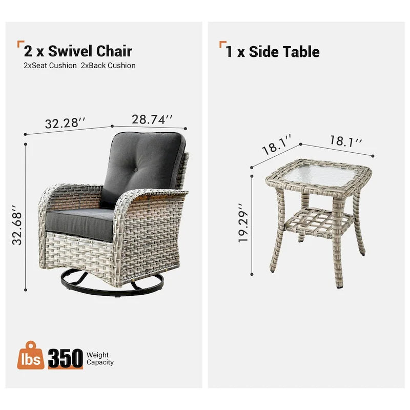 OVIOS Ensemble conversation 3 pièces avec 2 fauteuils pivotants en osier et 1 table d'appoint