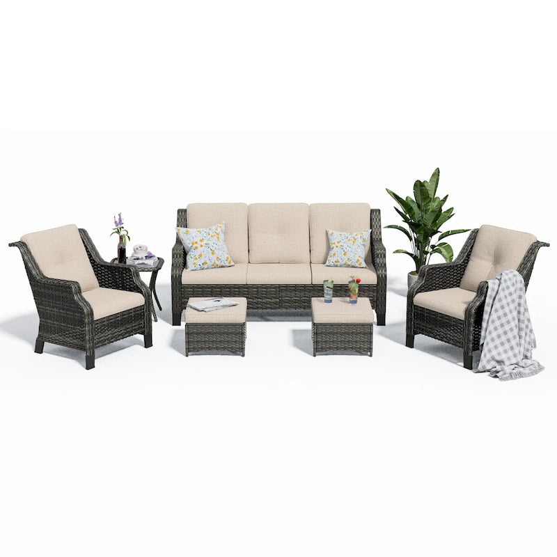 Chaise de patio extérieure en rotin Cozywor 6 pièces avec table d'appoint et deux poufs pour porche ou terrasse, cadre à bascule en métal