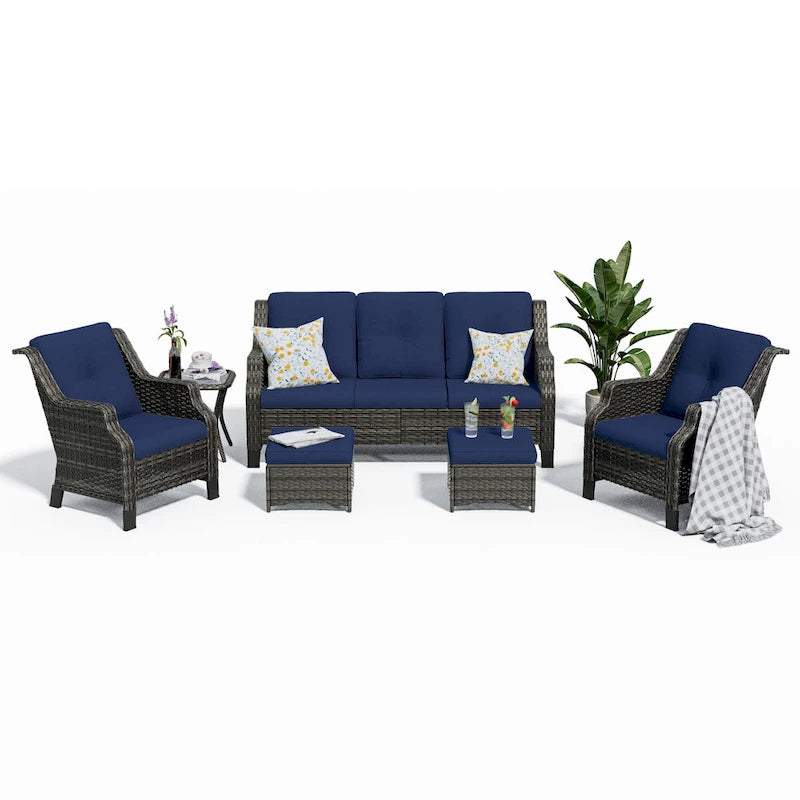 Chaise de patio extérieure en rotin Cozywor 6 pièces avec table d'appoint et deux poufs pour porche ou terrasse, cadre à bascule en métal