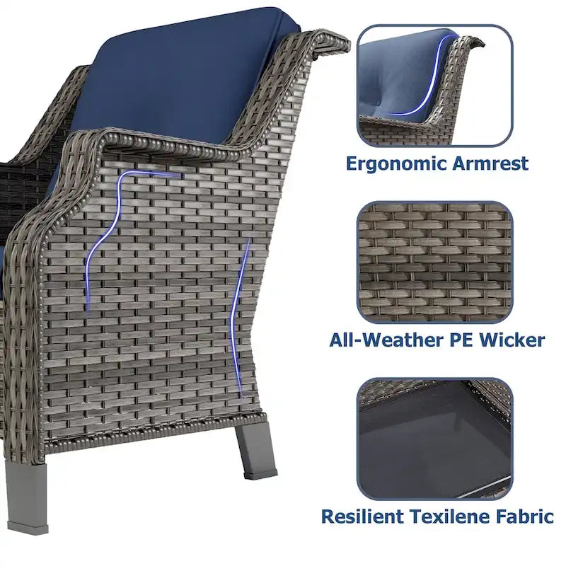 Chaise de patio extérieure en rotin Cozywor 6 pièces avec table d'appoint et deux poufs pour porche ou terrasse, cadre à bascule en métal