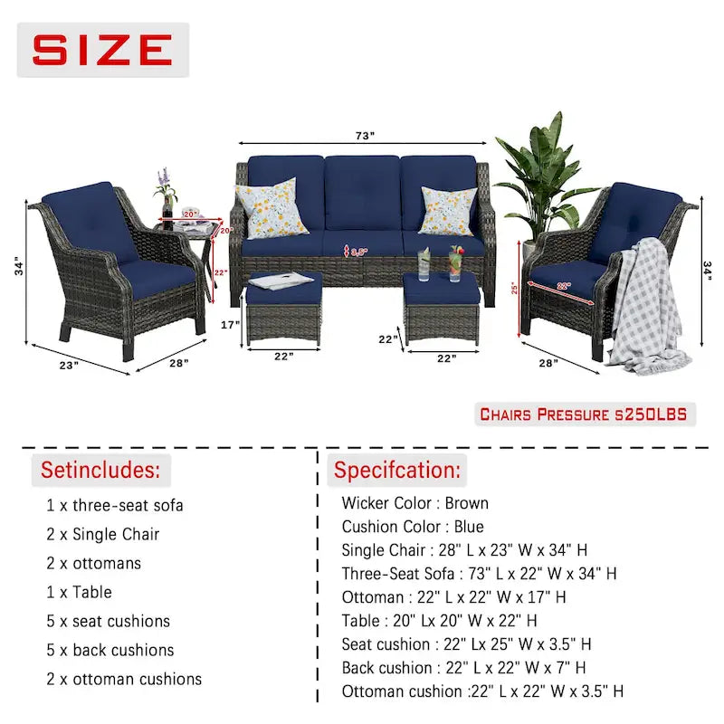 Chaise de patio extérieure en rotin Cozywor 6 pièces avec table d'appoint et deux poufs pour porche ou terrasse, cadre à bascule en métal