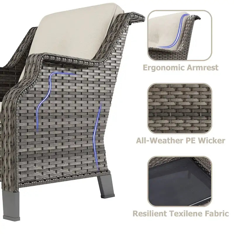 Chaise de patio extérieure en rotin Cozywor 6 pièces avec table d'appoint et deux poufs pour porche ou terrasse, cadre à bascule en métal