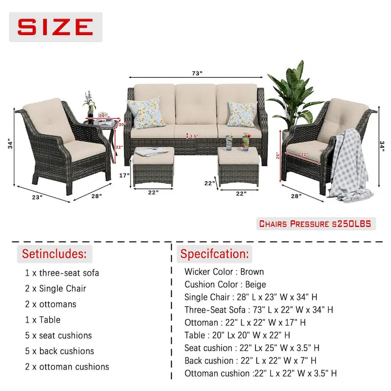 Chaise de patio extérieure en rotin Cozywor 6 pièces avec table d'appoint et deux poufs pour porche ou terrasse, cadre à bascule en métal