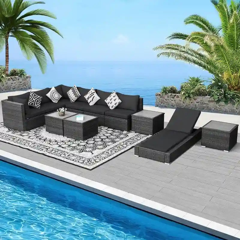 FINCATI Salon de jardin en osier pour extérieur, ensemble de canapés modulaires avec table