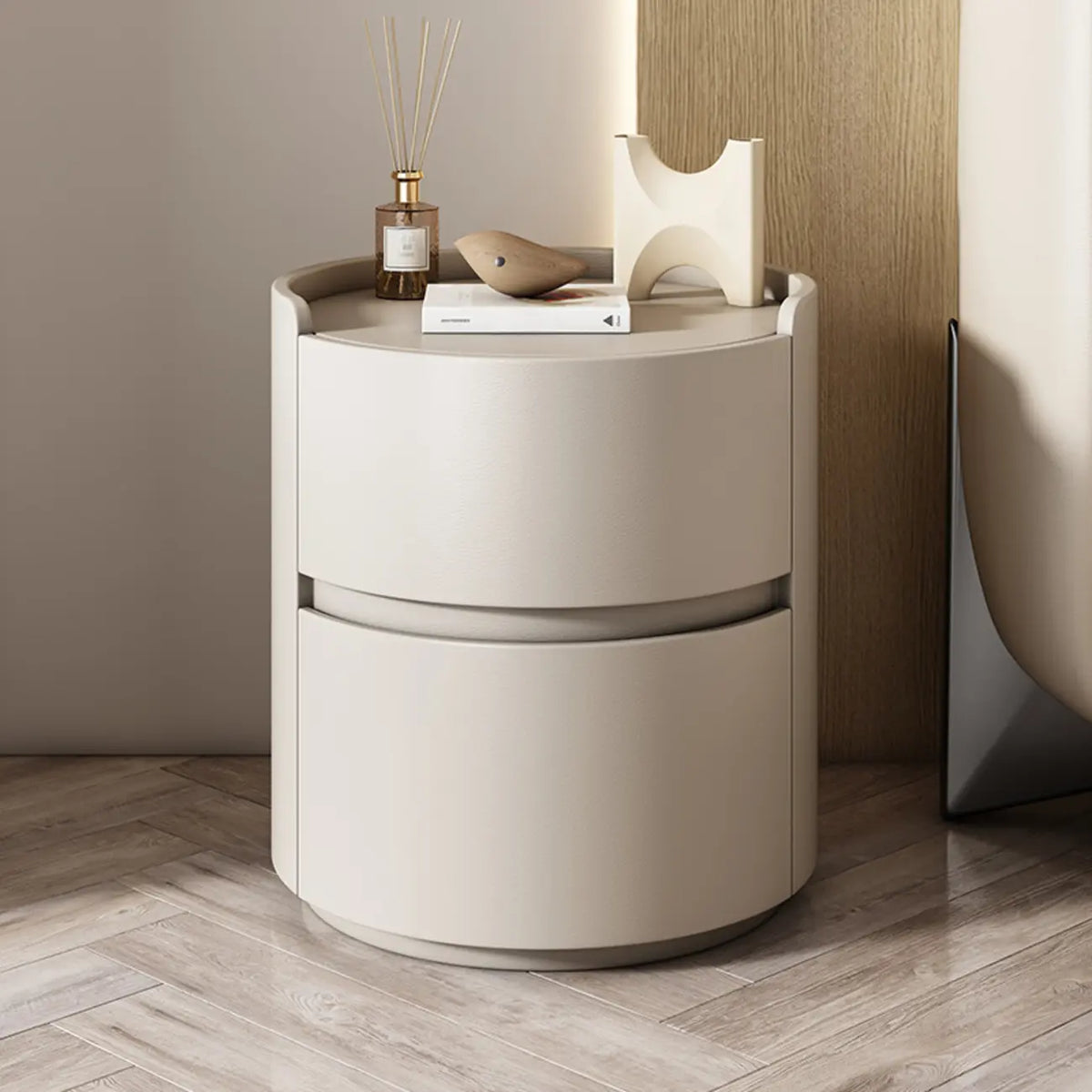 Modern Leather Tray Round 2-Drawer Nightstand