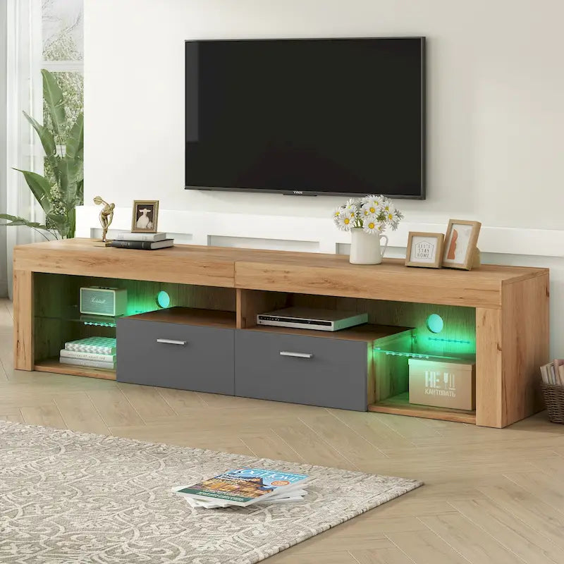 Meuble TV Design Moderne pour Téléviseurs jusqu'à 80 pouces, Meuble TV Mural avec Lumières LED, Console Multimédia avec 6 Casiers de Rangement