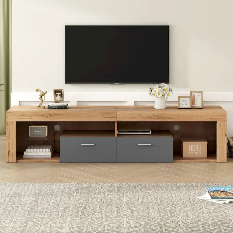 Meuble TV Design Moderne pour Téléviseurs jusqu'à 80 pouces, Meuble TV Mural avec Lumières LED, Console Multimédia avec 6 Casiers de Rangement