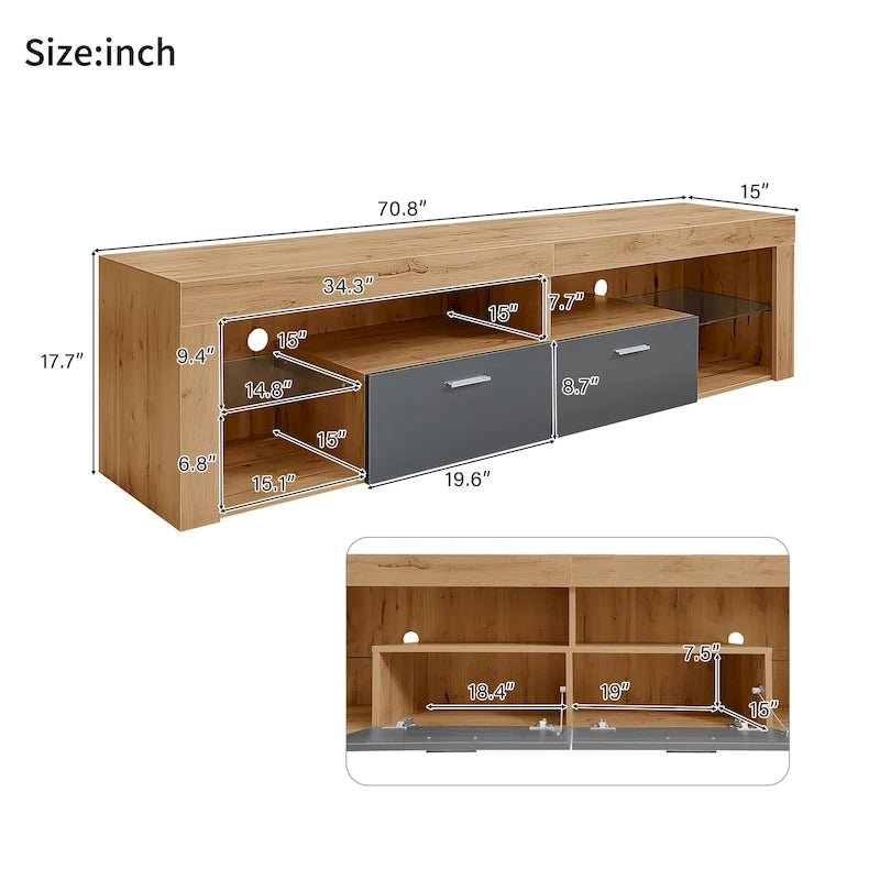 Meuble TV Design Moderne pour Téléviseurs jusqu'à 80 pouces, Meuble TV Mural avec Lumières LED, Console Multimédia avec 6 Casiers de Rangement
