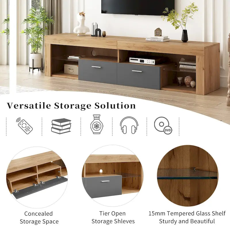 Meuble TV Design Moderne pour Téléviseurs jusqu'à 80 pouces, Meuble TV Mural avec Lumières LED, Console Multimédia avec 6 Casiers de Rangement