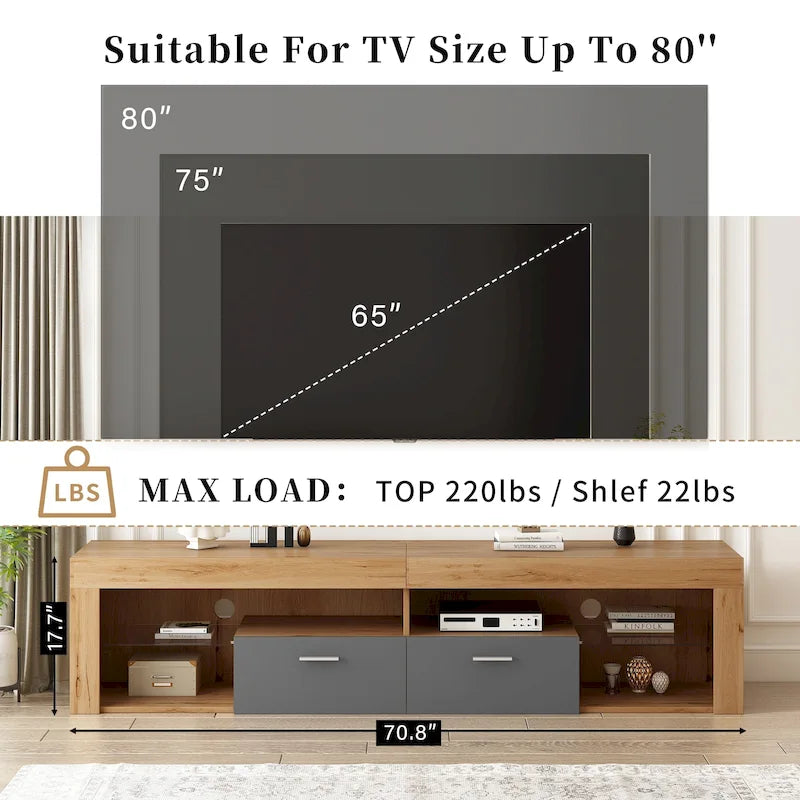 Meuble TV Design Moderne pour Téléviseurs jusqu'à 80 pouces, Meuble TV Mural avec Lumières LED, Console Multimédia avec 6 Casiers de Rangement