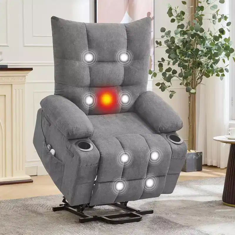 Power Lift Recliner Chair for Elderly with Massage and Heat, Oversized Massage & Heat Recliner with Soft Padded Upholstery, Side Pocket & Cup Holders
