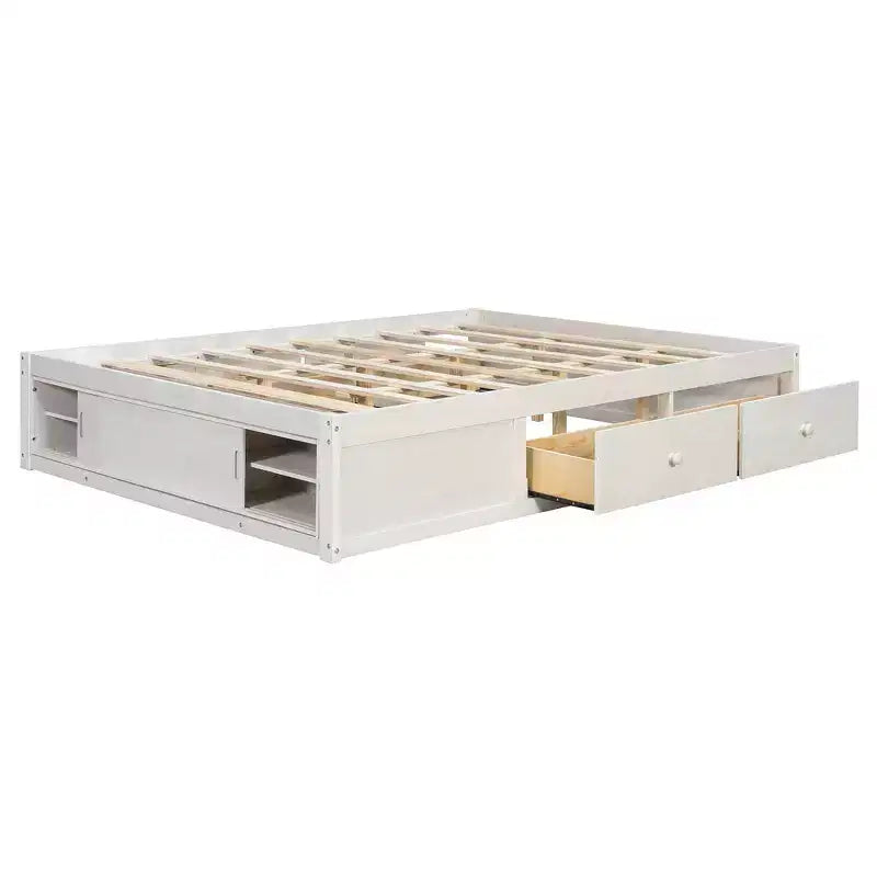 Whisen Queen Platform Bed Frame with 4 Storage Drawers and Footboard Storage