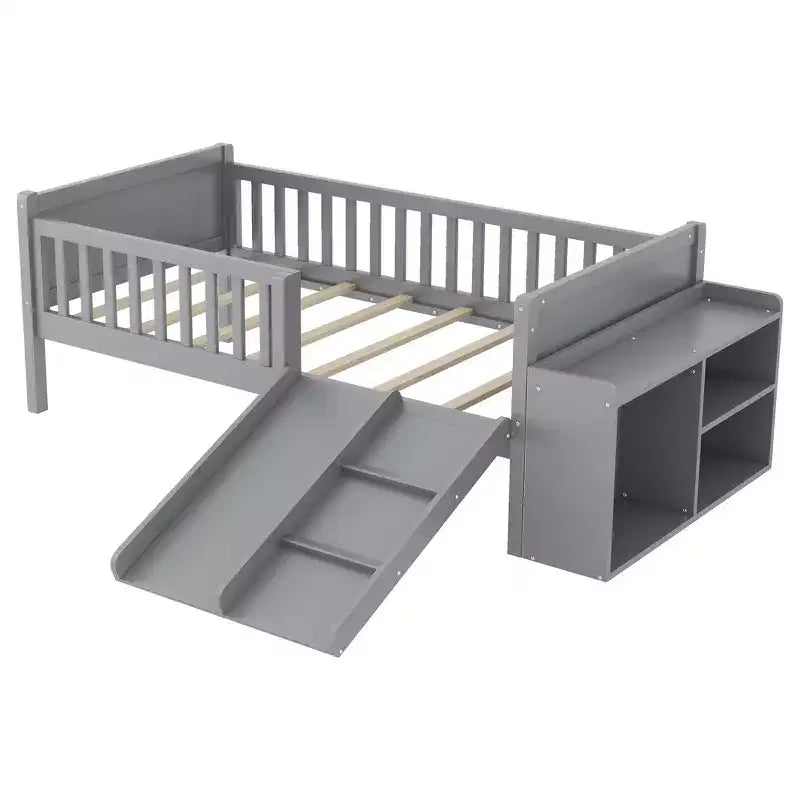 Whisen Twin Size Low Loft Bed Frame for Kids with Slide, Movable Bookshelf Storage, Guardrails, Low Loft Bed Frame