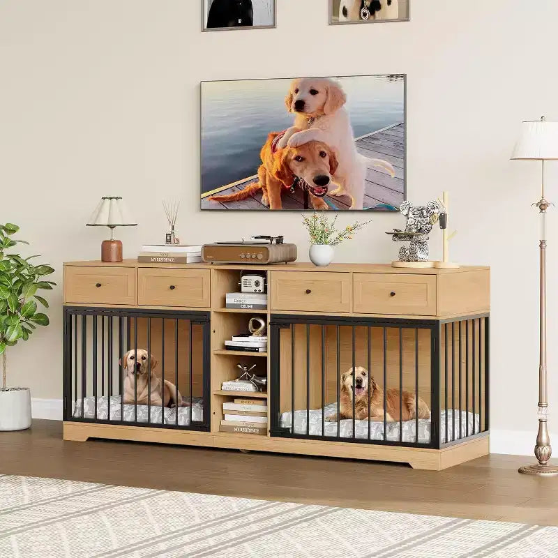 82 Double Dog Crate Furniture, Large Dog Kennel Indoor for 2 Dogs, Heavy Duty Wooden Dog Crate TV Stand with 4 Drawers and Shelves