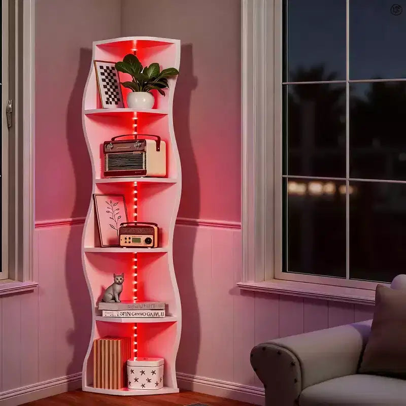 VECELO 5-Tier Wave Corner Shelf, Tall Vertical Storage Display Shelf for Small Spaces & Living Room, White