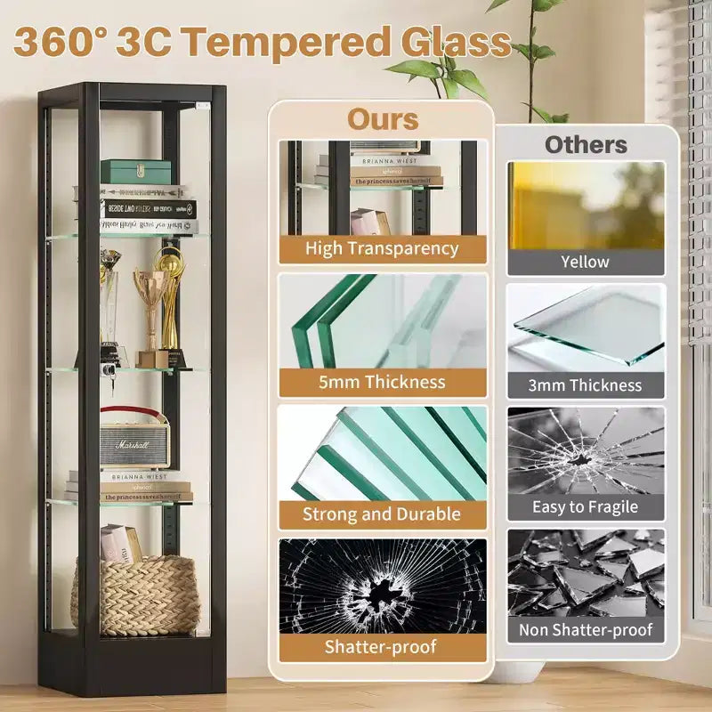 Bekrvio Vitrine d'exposition en verre à 4 niveaux avec serrure, vitrine de collection avec porte en verre trempé de 160 cm et étagères réglables