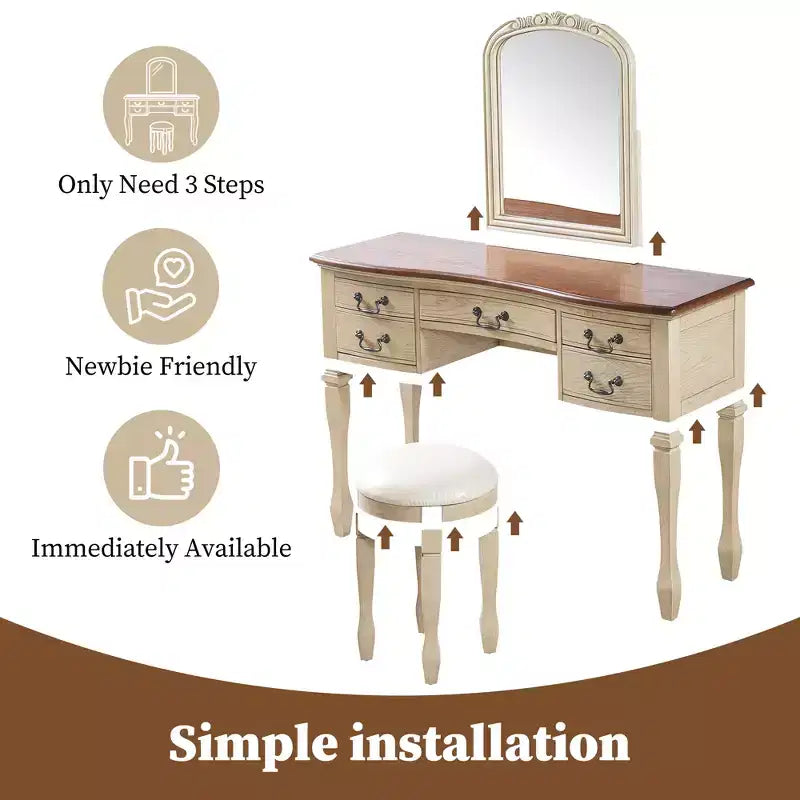 Vintage Vanity Set, Vintage Makeup Vanity Desk, 46 Inch Dressing Table with Curved Flower Mirror, 5 Drawers Storage