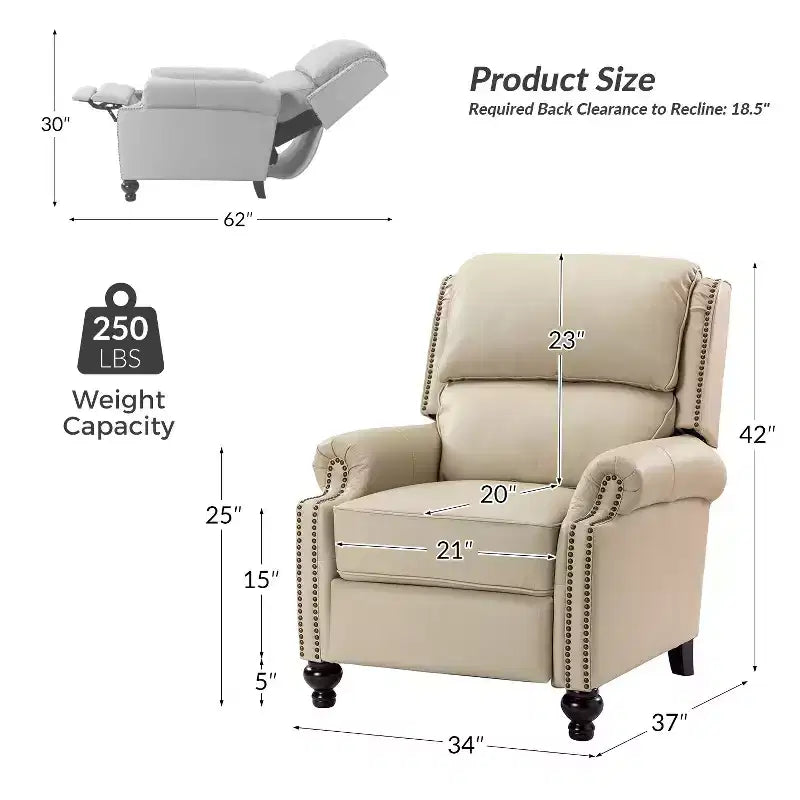 Set of 2 Elisabete Modern Wingback Genuine Leather Recliner with Vintage Nail Head Trim for Living Room and Bedroom| ART OF LIVING DESIGNS