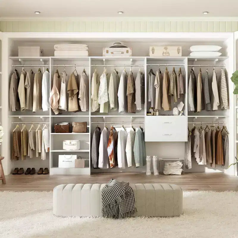 Besiost Freestanding Closet System with 8 Hannging Rods and Drawers, Hanging Closet Organizer with 10 Shelves