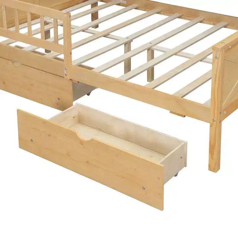 Full Size House Bed Frame with Drawers, House Platform Bed with LED Lights, Storage Shelves & Drawers, Wood Daybed with Roof and Guardrail