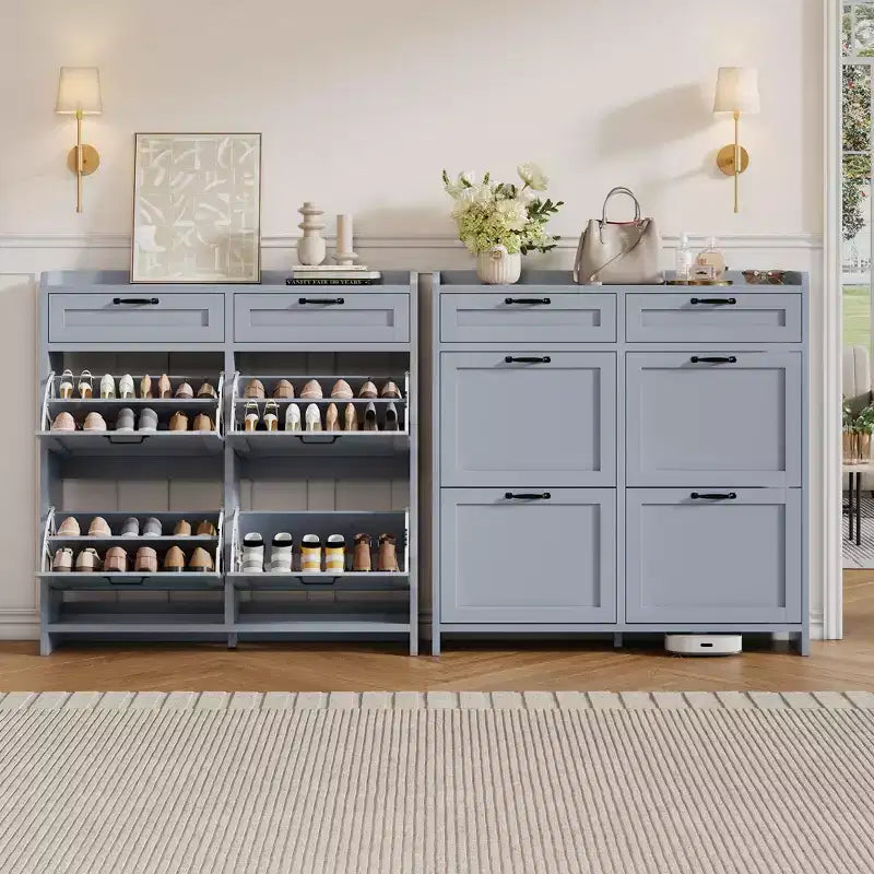 Meuble à chaussures avec 4 tiroirs basculants et 2 tiroirs supérieurs, meuble à chaussures en bois avec étagère réglable, armoires à chaussures autoportantes