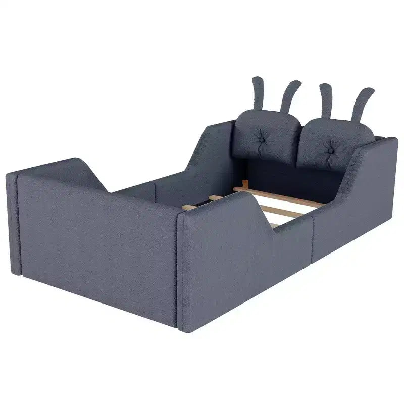 Whisen Twin Platform Bed, Kids Floor Upholstered Bed Frame with Rabbit Cushion, Removable Side Rails