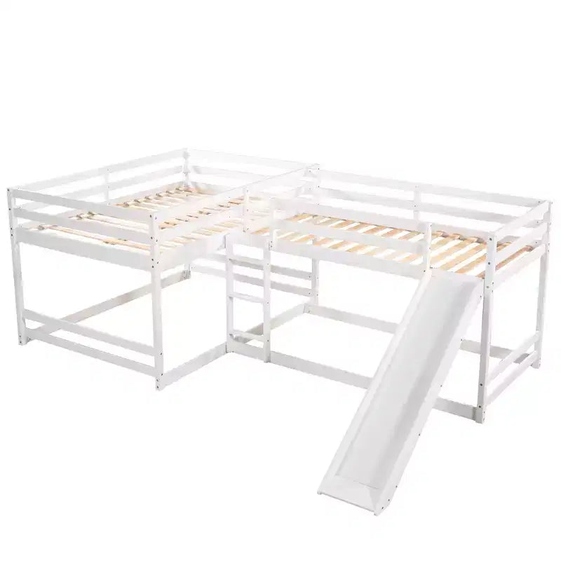 L Shaped Bunk Bed for 4 Kids, Quad Bunk Bed with Slide Full and Twin Wood Bunk Frame for Bedroom Dorm