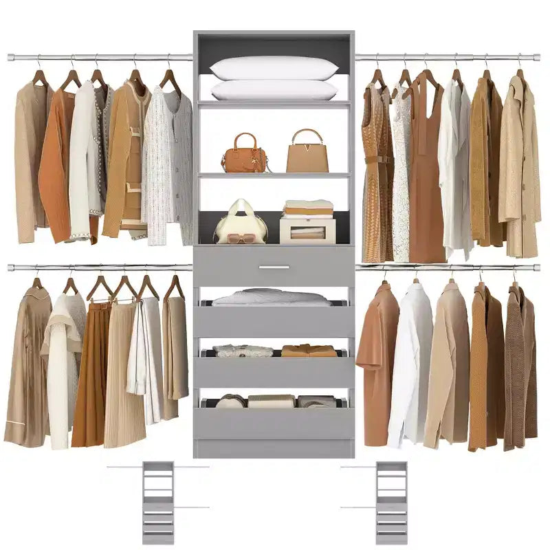 Besiost 4-9 Ft Wooden Closet Organizer System with 4 Drawers, 4 Hanging Rods & Shelving Towers