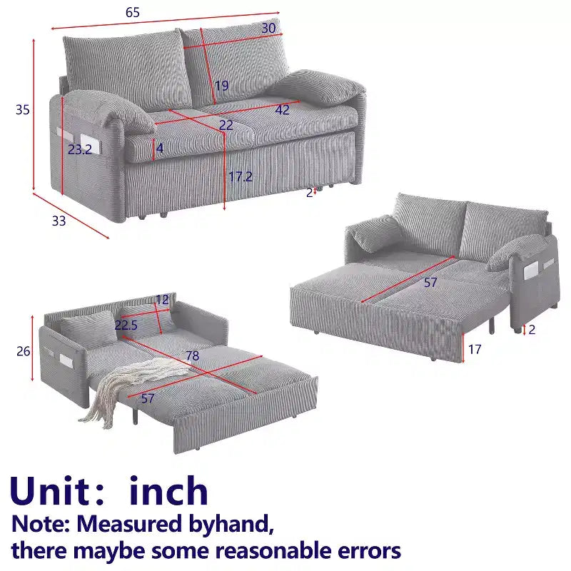 64.5 3-in-1 Convertible Corduroy Sleeper Sofa Bed with Pullout Bed