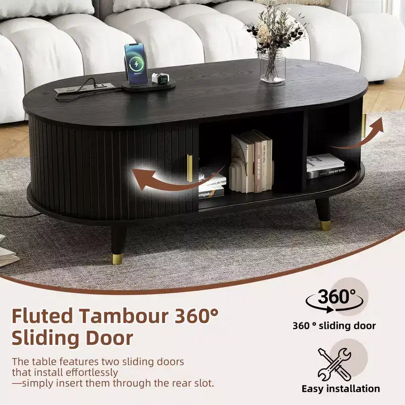CLIHOME Wooden Farmhouse TV Stand & Coffee Table Set with Charging Station, Oval Fluted Media Console for TVs up to 80