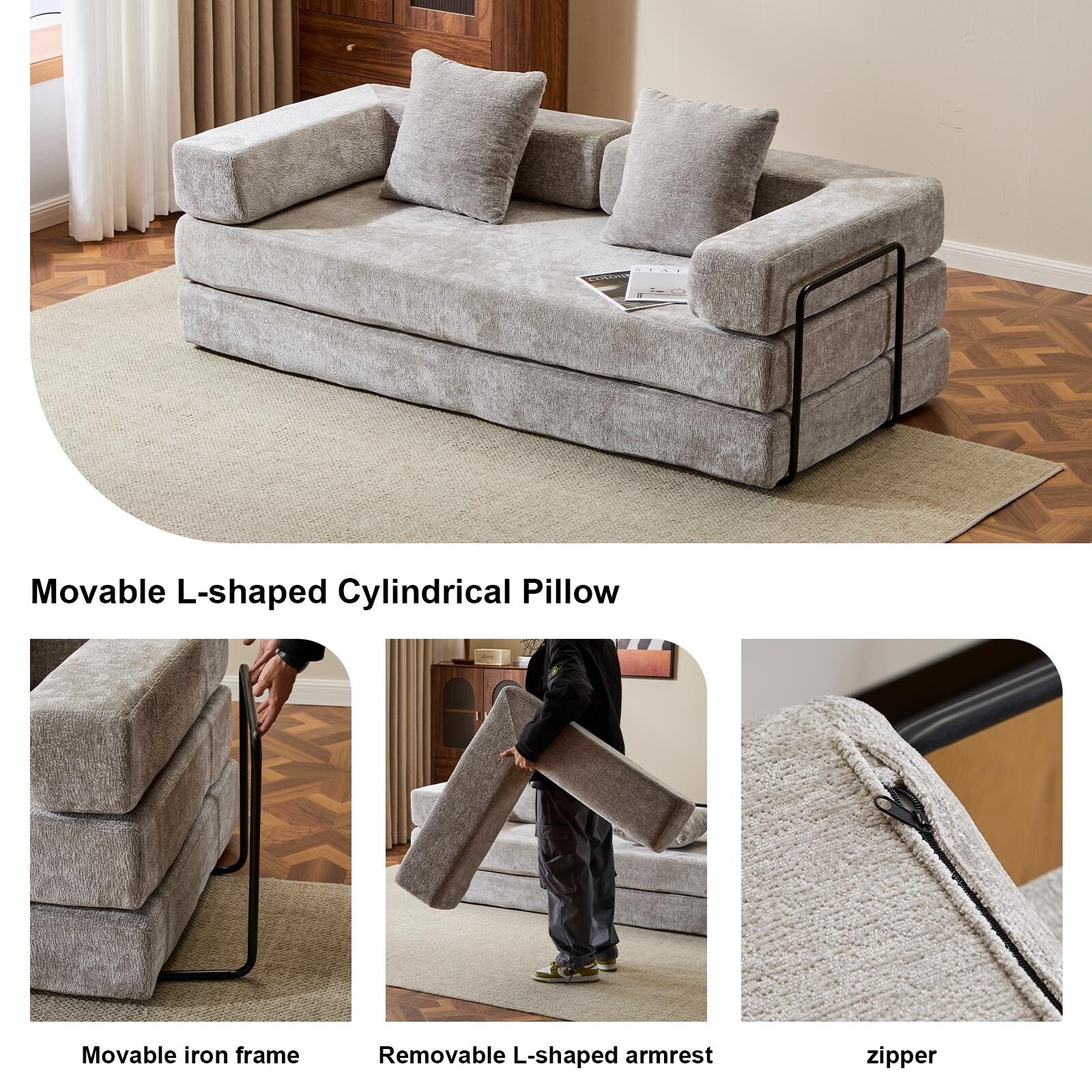 Convertible Floor Sofa Bed with Pillow Back Chenille Fabric for Living Room Bedroom
