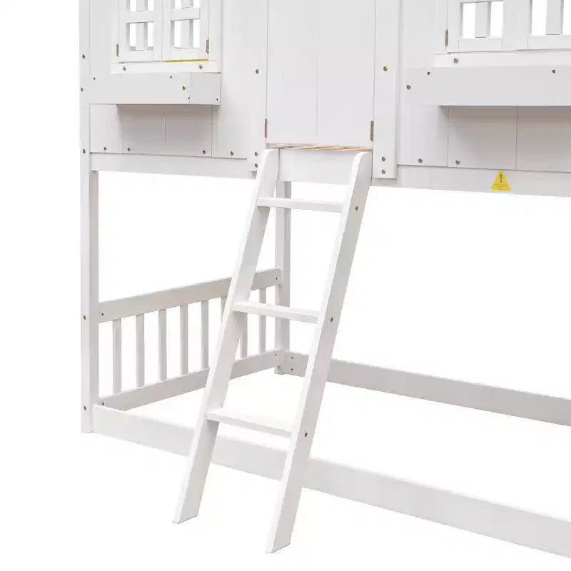 Twin Size House-Shaped Loft Bed, Wood Playhouse Loft Bed with Ladder & Guardrails for Kids