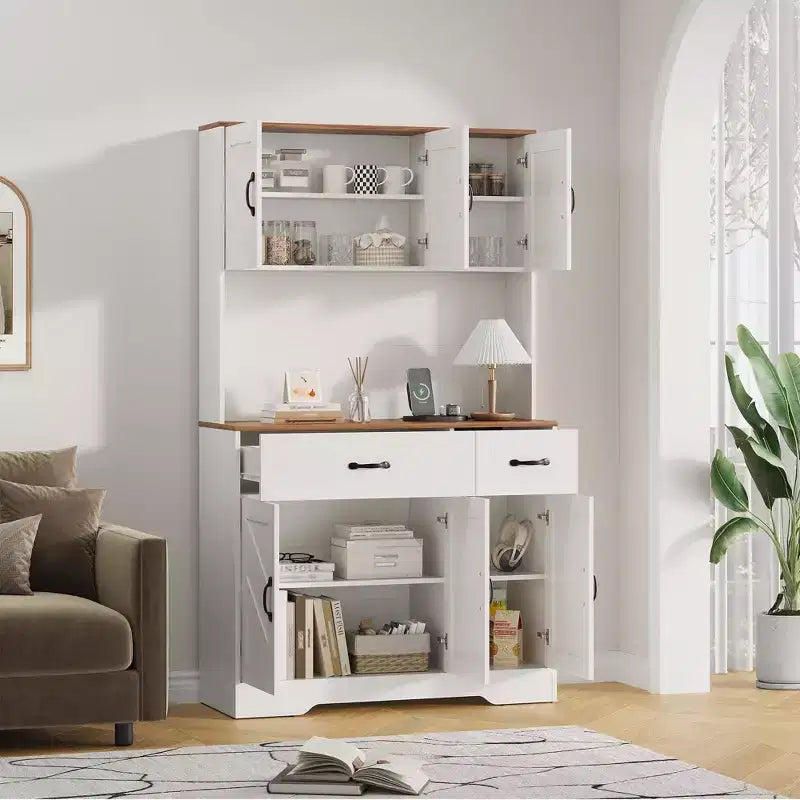 Meuble de cuisine de 71 pouces avec station de recharge, grand plan de travail, support à micro-ondes et 2 tiroirs, rangement de type « hutch » pour salle à manger et salon