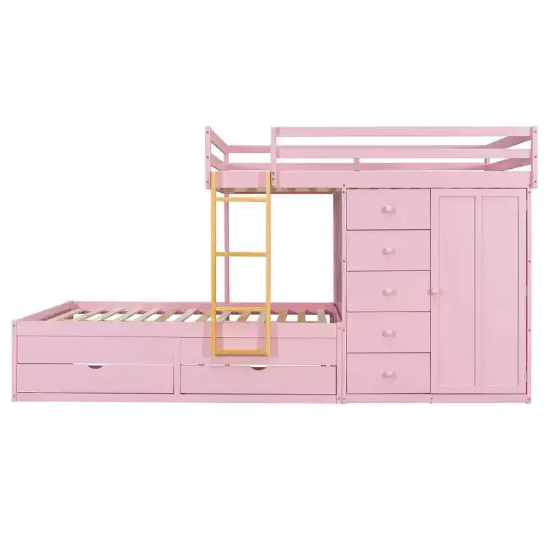 Full Over Full Modern Bunk Bed With Built In Closet And 7 Storage Drawers