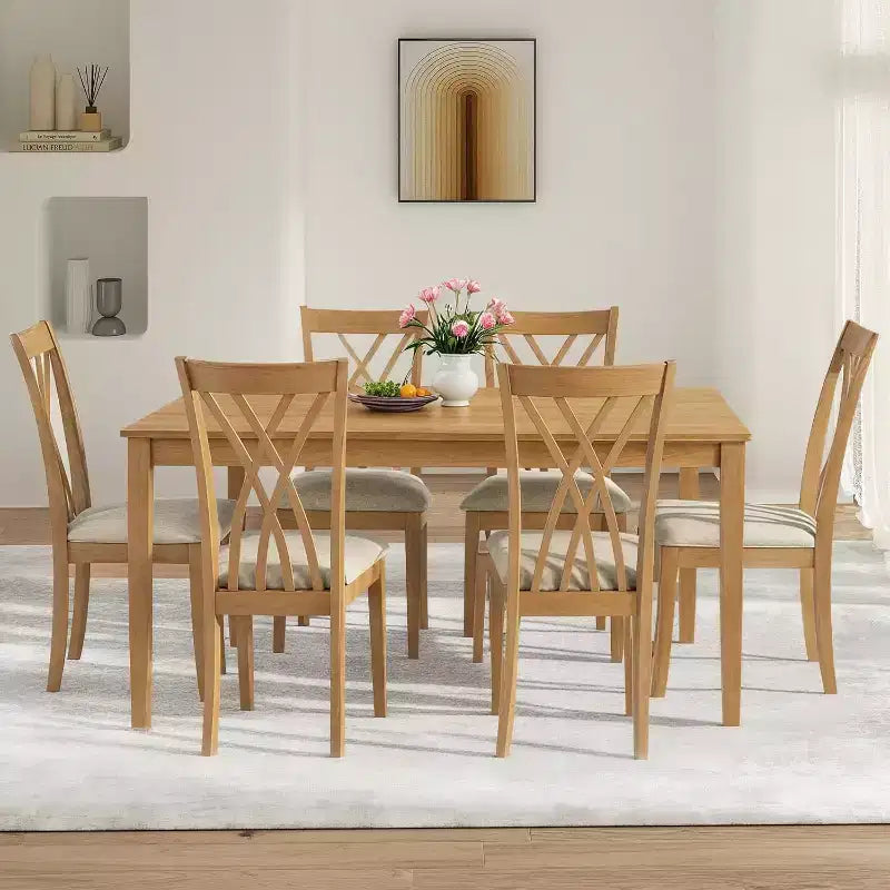 Zevemomo7-Piece Solid Wood Dining Table Set with 6 Upholstered Chairs,Space Saving Dinner Table&Chairs Set,for Dining Room, Kitchen,Natural Wood Color