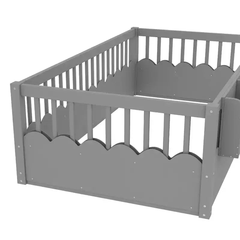 Bellemave Kids Floor Bed with Heightened Fence and Bookshelf, Wooden Twin Montessori Bed Frame for Girls Boys